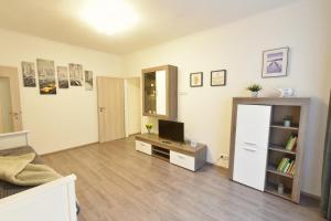 - un salon avec une télévision et un réfrigérateur blanc dans l'établissement Karlsbad City Apartment, à Karlovy Vary