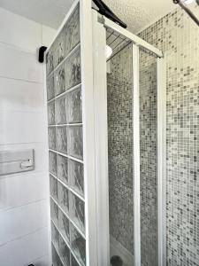 a shower with glass doors in a bathroom at Résidence Les Andes - Joli 2 pièces en centre-ville de Val D'Isère, proche de toutes commodités MAE-1041 in Val-d'Isère