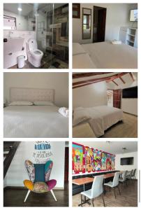 kolaż czterech zdjęć sypialni i pokoju w obiekcie Once Casa Completa w mieście Villa de Leyva