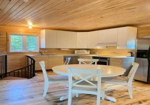 a kitchen with a table and chairs in a room at chalet Ani in Piopolis