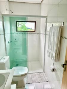 a bathroom with a shower with a toilet and a sink at Apartamento Bierbaum in Treze Tílias