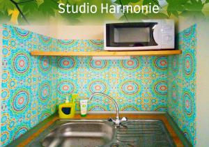 a bathroom with a sink and a microwave at Joli studio avec terrasse, 2km A79, 6km le Pal in Dompierre-sur-Besbre