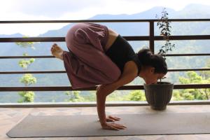 a woman doing a yoga pose in front of a plant at Kyarki Village Homestay & Cafe in Rishīkesh