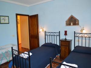 two beds in a bedroom with blue walls at Charming flat with pool surrounded by nature in Asciano