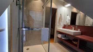 a bathroom with a shower and a sink at Les Grands Gîtes de Cancale, gîtes de charme avec jacuzzi in La Coudre