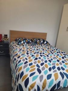 a bedroom with a bed with a colorful comforter at Maison cosy Santa Barbara in Le Barcarès