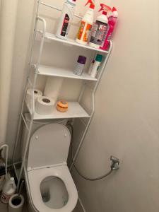 a bathroom with a toilet with shelves on the wall at Chambre d hôte chaleureuse1 in Saint-Denis