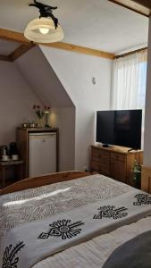a bedroom with a bed and a flat screen tv at Willa Świerk - Panorama Tatr in Zakopane