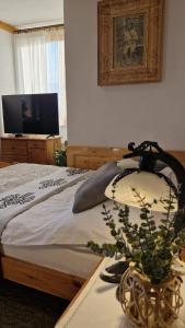 a bedroom with a bed and a table with a plant at Willa Świerk - Panorama Tatr in Zakopane