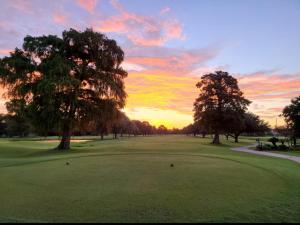 a sunset on a golf course with trees and a green at 3 bedroom Cozy vacation rental near airport in Kenner
