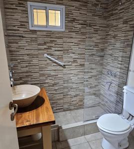 a bathroom with a shower and a toilet and a sink at Dúplex Resolana Apartamentos con Servicios in Valeria del Mar +85 photos