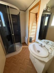 a bathroom with a sink and a shower and a mirror at Chalet Mo in Bagnères-de-Bigorre