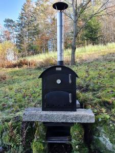 a black stove sitting in the grass in a field at Unser Woidhaisl - idyllisches Ferienhaus im Bayerischen Wald in Neukirchen +22 photos