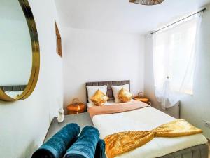 a bedroom with a bed with blue pillows and a mirror at Les Quais du Centre-Ville in Romans-sur-Isère
