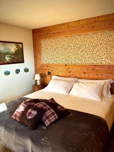 格雷桑Alpine Dream House - Chalet的一间卧室，有两张床和一面木墙