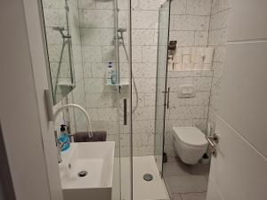 a bathroom with a shower and a sink and a toilet at Apartment Park Melada in Zadar +11 photos