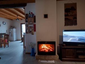 a living room with a television and a fireplace at Casa tapada da branda in Monção