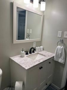 a bathroom with a sink and a mirror at Perfect Lehigh Valley Oasis in Bethlehem +23 photos