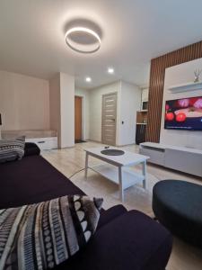 a living room with two beds and a tv at SK apartament in Plungė