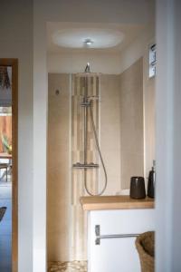 a shower in the corner of a bathroom at Sweet Cane Tiny House & Pool in Saint-François