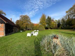 a yard with tables and chairs in the grass at Pfarrhaus Karbow in Hof Karbow