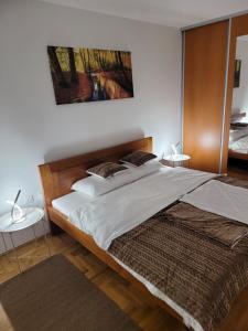 a bedroom with a large bed with a wooden headboard at Apartman Ada Milica in Železnička Stanica Incel
