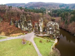 an aerial view of a large rock formation next to a river at Hotel Rio in Horn