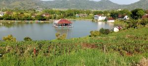 a small boat on a lake with a house at Cena Homestay in Rejeng