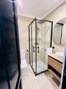 マドリードにあるAlbergue Miguel Ángelのシャワー、トイレ、洗面台を備えたバスルーム