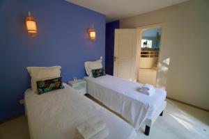 ein Schlafzimmer mit zwei Betten und einer blauen Wand in der Unterkunft Villa U Principellu in Saint-Florent + 42 Fotos