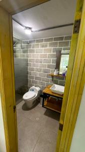 a bathroom with a white toilet and a sink at Hotel TIERRA NUEVA Campestre in La Vega