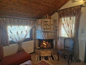 a living room with a fireplace and a clock on the wall at Guest house Elatochori in Elatochori