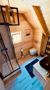 an attic bathroom with a toilet and a sink at Planinska kuca Grujic in Kolašin +55 photos