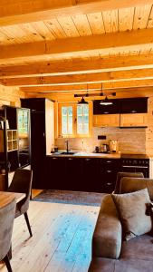 a living room with a couch and a kitchen at Planinska kuca Grujic in Kolašin