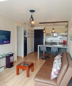 利马EuVe Ocean View Flat in Lima的带沙发的客厅和厨房
