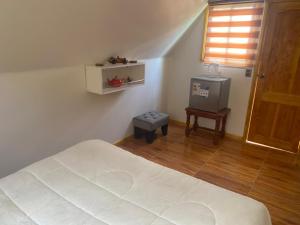 a bedroom with a bed and a heater and a window at Escapada romántica de día con tinaja caliente opcional in Pirque +2 photos