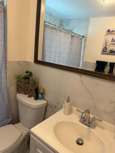 a bathroom with a sink and a toilet and a mirror at Genevieves lovely suite in Jersey City