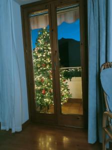 a christmas tree is seen through a glass door at Ai Cappuccini, Trento a 360 gradi in Trento