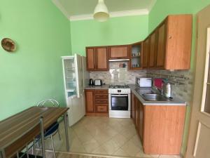 cocina con armarios de madera y horno de fogón blanco en Apartments Zahradní, en Karlovy Vary