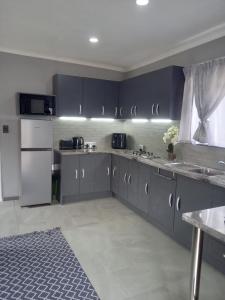 a kitchen with gray cabinets and a white refrigerator at Hoovers Nest in Pretoria