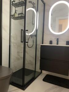 a bathroom with a glass shower and a sink at La puerta del centro in Soria +13 photos