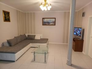 ein Wohnzimmer mit Couch und Fernseher in der Unterkunft "FÜRSTENHAUS" EG Hofgeismar-Zentrum! in Hofgeismar