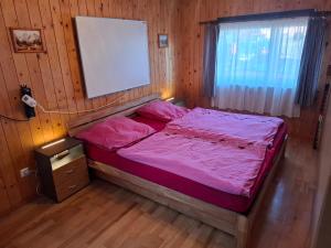 1 dormitorio con cama con sábanas rosas y ventana en Ferienwohnung Kupfer, en Schmiedefeld am Rennsteig