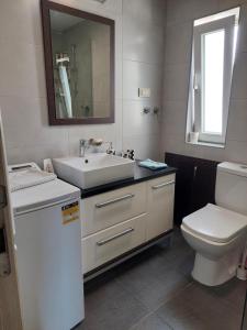 a bathroom with a sink and a toilet and a mirror at Charming and stylish centrally located 50m2 in Belgrade