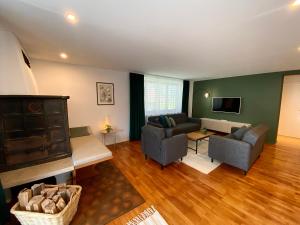 a living room with two couches and a tv at Apartment Irmi in Hörbranz