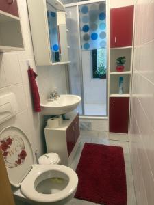 a bathroom with a toilet and a sink at Ferienzimmer Healing und Montuerwohnung in Weißenfels +56 photos