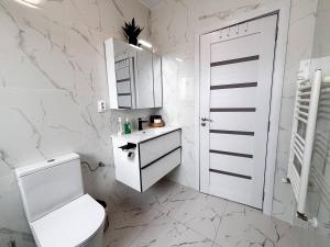 Un baño blanco con inodoro y puerta blanca. en Wonder Apartment With Terrace, en Cluj-Napoca 32 fotos más