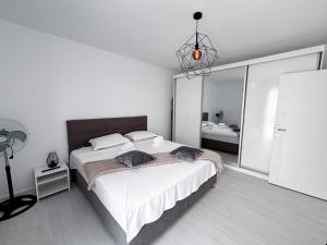 Un dormitorio con una cama grande y un espejo. en Wonder Apartment With Terrace, en Cluj-Napoca