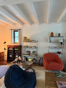 un soggiorno con una sedia rossa e un cane di Maison de charme près de Genève, vue et terrasse - idéal familles! a Étrembières Altre 27 foto