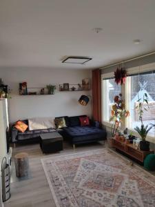 Una sala de estar con un sofá y una ventana. en Cozy home with sauna and kota, en Rovaniemi
